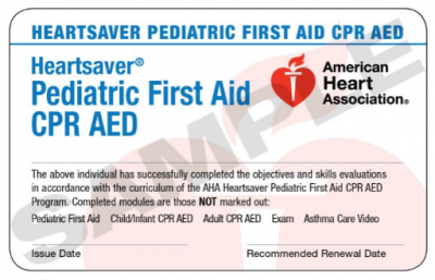 HS Pediatric FA CPR AED Card